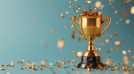 A gold trophy sits on a pink base with confetti falling around it. The background is a bright blue.の素材