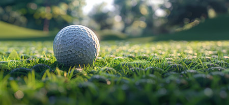 A golf ball rests on a patch of lush green grass on a golf course, with a blurred background of trees and green foliage.の素材