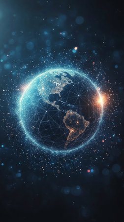 The view illustrates Earth surrounded by a network of bright, glowing connections, representing data flow and communication. It captures a sense of modern technology and global connectivity.の素材
