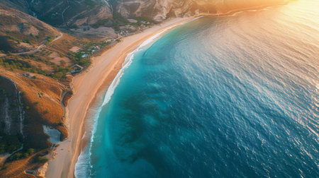 An aerial photograph showcasing a secluded beach in Greece, with golden sand, clear blue water, and rolling hills in the background. The sun is setting, casting a warm glow over the scene.の素材