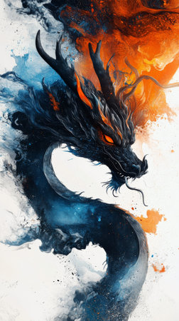 A powerful dragon with a flowing form and intense colors is depicted amidst artistic splashes of orange and black.の素材