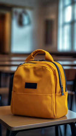 A bright yellow backpack sits on the wooden floor in an empty classroom. Sunlight streams through large windows, casting shadows on chairs positioned around the room.の素材