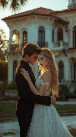 A woman with long, flowing hair stands close to a man, her expression engaging and serene. The sun illuminates their faces, creating a warm, romantic atmosphere in the background.の素材