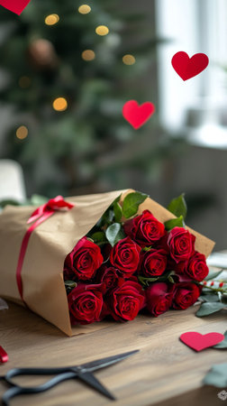A fresh bouquet of red roses, elegantly wrapped with a ribbon, sits on a rustic wooden table.の素材