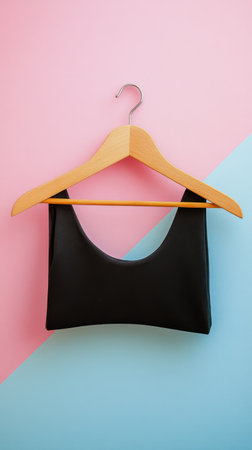 A black garment is displayed on a hanger against a vibrant wall split into pink and blue sections, with a green plant positioned nearby, creating a stylish and modern atmosphere.の素材