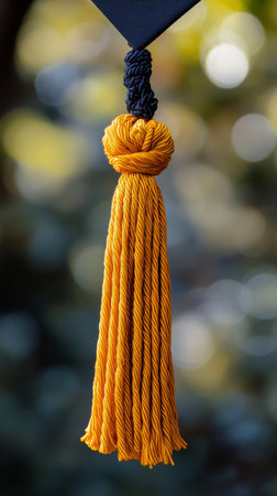 A bright yellow tassel dangles gracefully from a tree branch, surrounded by lush greenery. The sunlight filters through the leaves, creating a tranquil atmosphere in the garden.の素材