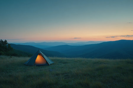 A camping tent stands on a grassy knoll as the sun sets behind a range of mountains, casting warm hues across the sky.の素材