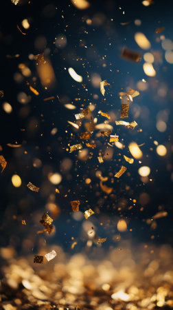 Golden metallic flakes are gracefully falling through the air, illuminating the dark background. The shimmering effect creates a mesmerizing visual, enhancing the artistic atmosphere.の素材