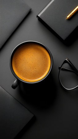 Two warm cups of coffee sit alongside stylish glasses on a dark, textured surface, creating a cozy and inviting atmosphere perfect for relaxation or conversation.の素材