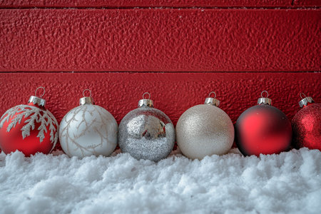 A collection of shiny Christmas ornaments in gold, silver, red, and white is lined up in front of a textured red wall. The ornaments are resting on a bed of snow, creating a festive atmosphere.の素材