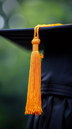 A bright yellow tassel dangles gracefully from a tree branch, surrounded by lush greenery. The sunlight filters through the leaves, creating a tranquil atmosphere in the garden.の素材