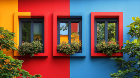 Three windows are framed in red and blue paint on a sunny day. They are adorned with flower boxes filled with plants, adding a bright touch against the colorful wall backdrop.の素材