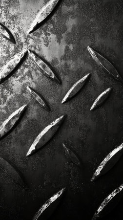 A textured black wall features a diamond pattern with metallic rivets at each corner. The surface exhibits subtle wear, adding character and depth to the design, creating an industrial look.の素材