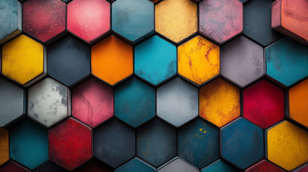 Dynamic arrangement of hexagonal glass pieces showcases vibrant colors and intricate textures. The composition reflects a mesmerizing blend of artistry and imaginative design.の素材