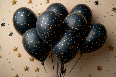 A beautifully wrapped black gift box with a sparkling ribbon sits at the center, surrounded by black balloons and scattered golden stars. The festive arrangement adds a celebratory atmosphere.の素材