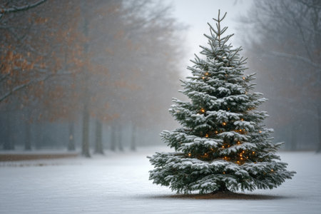 The Christmas tree is adorned with bright red ornaments and a glowing star at its peak. It stands by gently falling snowflakes, creating a festive atmosphere.の素材