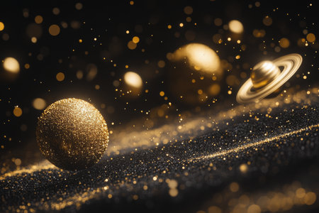 In a vast cosmic space, golden spheres and a ringed planet float amidst shimmering particles of light. The atmosphere is filled with a sense of wonder and vastness, evoking the beauty of the universe.の素材