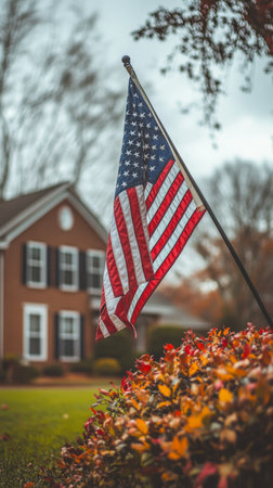The American flag flutters on a pole in front of a cozy house surrounded by colorful autumn foliage. Soft sunlight illuminates the scene, creating a peaceful atmosphere.の素材