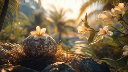 A stone rests on a bed of soft moss, adorned with delicate white flowers, as sunlight filters through the trees in a tropical garden during sunset. The atmosphere feels serene and peaceful.の素材
