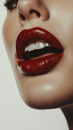 A womans lips featuring a glossy finish in a vibrant shade of red are partially open. The focus is on the detailed texture of the lips and the bright contrast against a pure white background.の素材