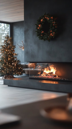 A warm, inviting atmosphere fills the room as a fire crackles in the stone fireplace. A beautifully decorated Christmas tree stands nearby, adorned with twinkling lights and festive ornaments.の素材
