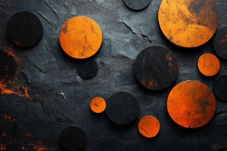 Circular forms in vibrant orange and deep black create an abstract arrangement on a textured dark surface, highlighting contrast and depth in design. The layout draws the eye and invites exploration.の素材