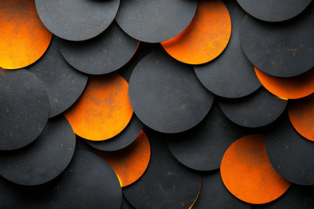 Circular forms in vibrant orange and deep black create an abstract arrangement on a textured dark surface, highlighting contrast and depth in design. The layout draws the eye and invites exploration.の素材