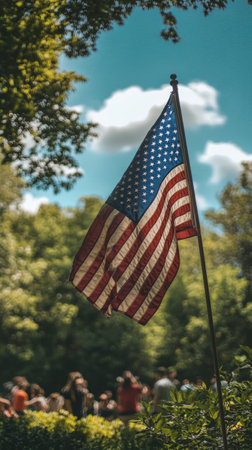 The American flag flutters on a pole in front of a cozy house surrounded by colorful autumn foliage. Soft sunlight illuminates the scene, creating a peaceful atmosphere.の素材