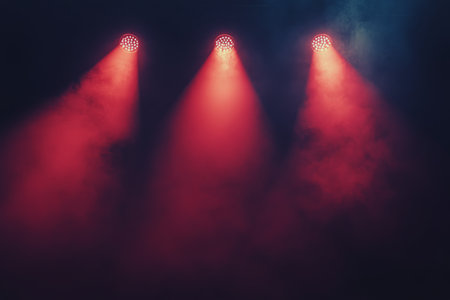 Bright red lights shine down from above, creating a dramatic atmosphere in a performance venue. The beams slice through a light mist, enhancing the energetic ambiance of the event.の素材