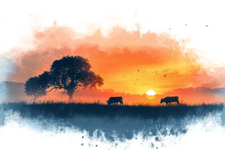 Two cows are grazing in a tranquil field as the sun rises, casting warm light through the mist. The landscape is serene, adorned with wildflowers and bathed in soft colors.の素材