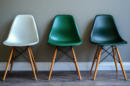 Three distinct chairs in white, dark green, and light green stand next to each other, showing their unique designs against a muted wall. The wooden legs add warmth to the modern aesthetic.の素材