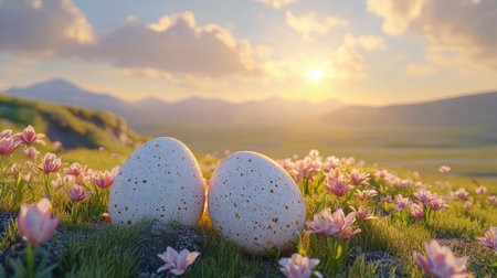 A tranquil spring evening features a soft sunset casting orange hues over a floral landscape. In the foreground, a single egg rests among blooming flowers, creating a peaceful ambiance.の素材