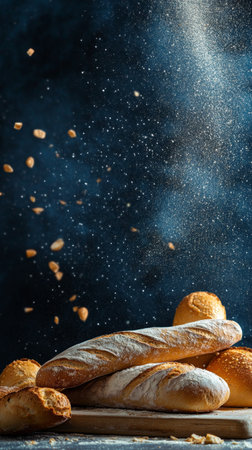 Loaves of bread rest on a wooden surface, while flour dust floats in the air, illuminated by soft sunlight. The warm atmosphere suggests a recent baking session in a cozy kitchen.の素材