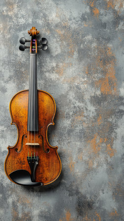The wooden violin, with its rich color and elegant shape, is placed against a textured gray surface, showing its detailed craftsmanship and inviting appreciation for music.の素材