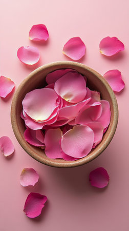 Two soft pink roses are placed on a light pink background surrounded by scattered rose petals. Fresh green leaves complement the floral arrangement, enhancing its delicate beauty.の素材
