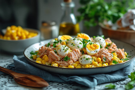 A vibrant salad featuring fresh salmon pieces, sliced boiled eggs, cherry tomatoes, sweet corn, and a mix of herbs. The dish is artistically presented on a plate with a blurred background.の素材