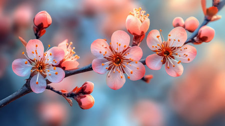 Delicate cherry blossoms cascade over a waterfront walkway as the sun sets, casting a warm glow over the vibrant city. People stroll leisurely, enjoying the tranquil beauty of nature.の素材
