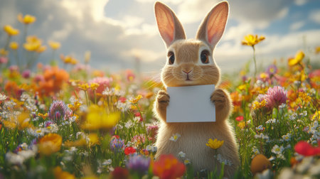 A rabbit stands upright in a sunlit field filled with daisies, holding a blank card. The warm glow of sunset enhances the serene nature of this springtime moment, showing peaceful beauty.の素材