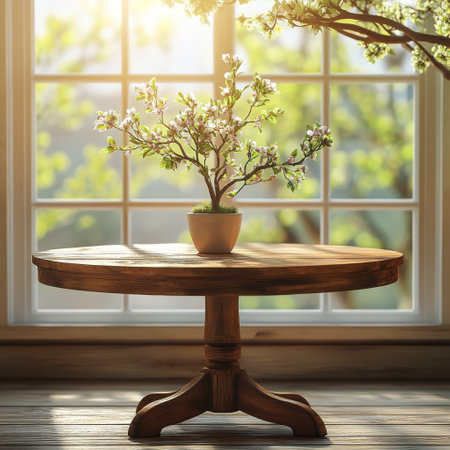 Bright sunlight filters through a window, illuminating a wooden surface. Outside, trees are in full bloom, showcasing vibrant flowers and lush greenery, creating a serene spring atmosphere.の素材