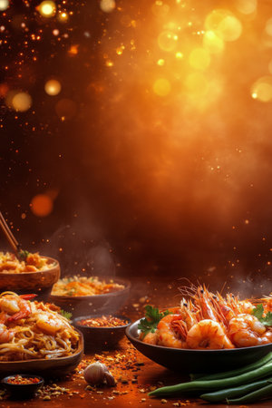 A beautifully arranged plate of succulent shrimp sits beside a bowl of noodles, all adorned with fresh herbs. The background features colorful festive lights, enhancing the atmosphere.の素材