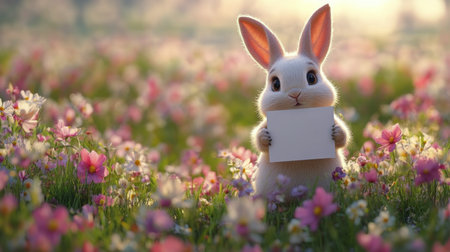 A rabbit stands upright in a sunlit field filled with daisies, holding a blank card. The warm glow of sunset enhances the serene nature of this springtime moment, showing peaceful beauty.の素材