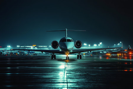 A sleek private jet sits on a dark runway, illuminated by airport lights. The wet ground reflects the bright lights, creating a moody atmosphere in the evening air.の素材