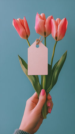 A hand gently holds a blank tag next to blooming pink tulips. The flowers are arranged with vibrant green leaves, creating a cheerful atmosphere in a well lit setting.の素材