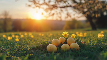 A tranquil spring evening features a soft sunset casting orange hues over a floral landscape. In the foreground, a single egg rests among blooming flowers, creating a peaceful ambiance.の素材
