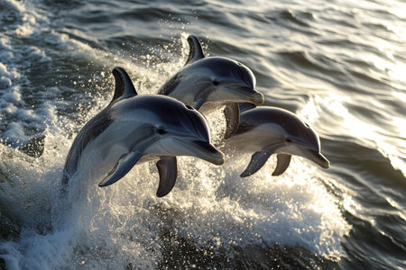 A group of three dolphins jumps above the waters surface, creating splashes as sunlight reflects off the waves during a serene evening near the coast.の素材