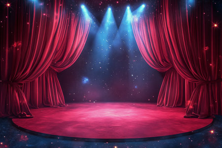 The stage features rich red curtains draped elegantly, with a large circular backdrop illuminated by soft, ambient lighting, creating a captivating theatrical atmosphere.の素材