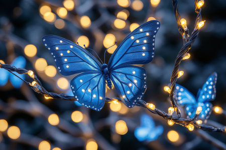 Delicate blue butterflies perch gracefully on branches illuminated by soft, warm fairy lights, creating a tranquil atmosphere in the evening twilight.の素材