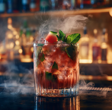 A colorful watermelon cocktail with mint leaves and a smoky effect sits on a bar counter. The drink contains crushed ice and is presented in an elegant glass, showing rich colors.の素材