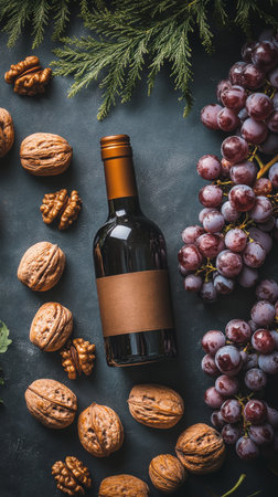 A dark surface is adorned with a wine bottle surrounded by fresh grapes, walnuts, and grape leaves. This composition highlights the natural beauty of these elements in a cozy setting.の素材