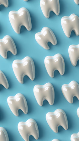Small, glossy white teeth shapes are uniformly arranged on a bright blue background. This creative display emphasizes dental health themes, making it suitable for educational materials.の素材